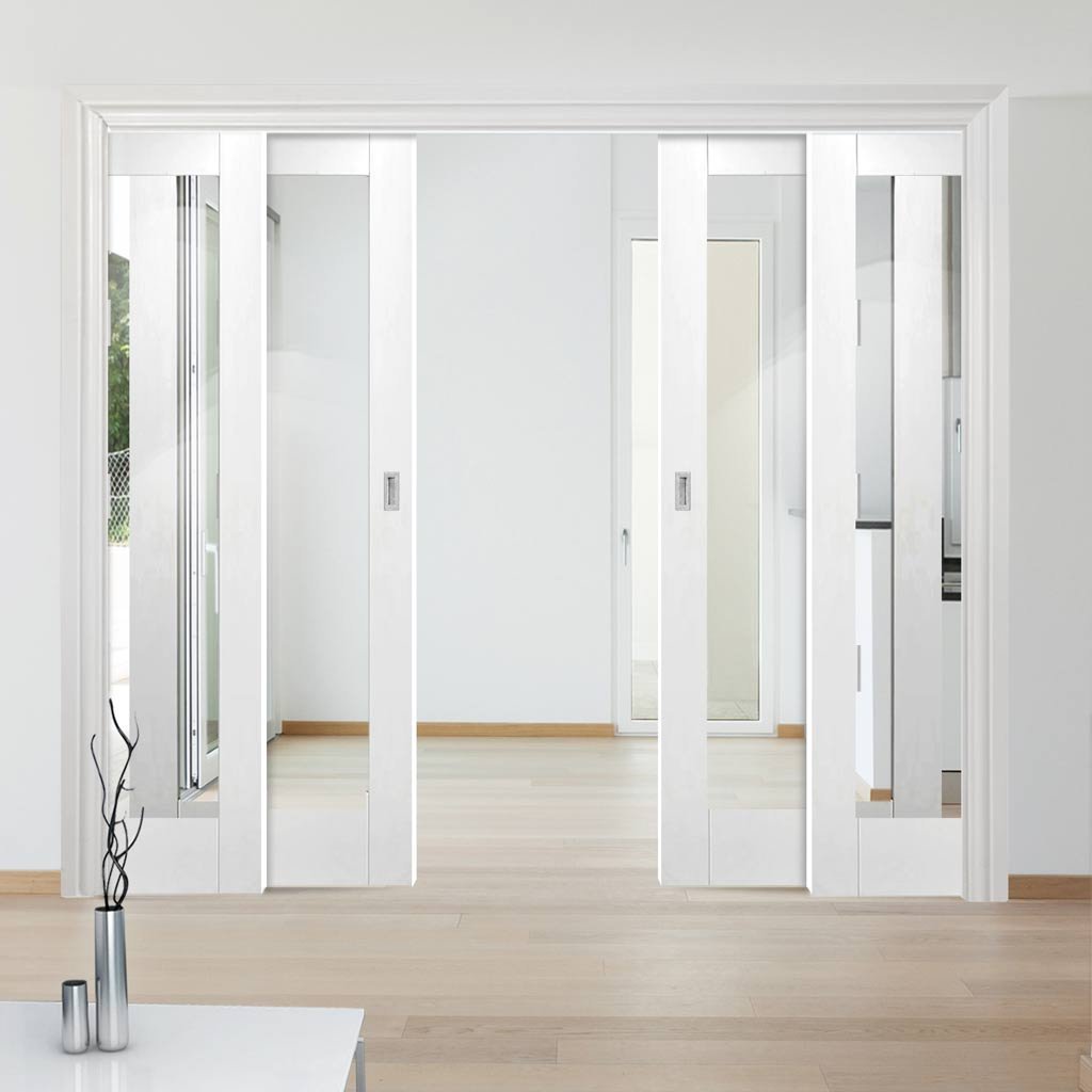 Pattern 10 1L Staffetta Quad Telescopic Pocket Doors  - Clear Glass - Primed