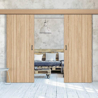 Image: Double Sliding Door & Wall Track - Montreal Oak Flush Internal Door - Prefinished