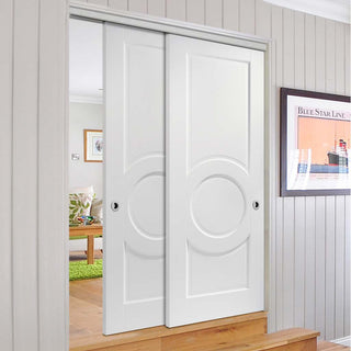 Image: Two Sliding Doors and Frame Kit - Montpellier 3 Panel Door - White Primed