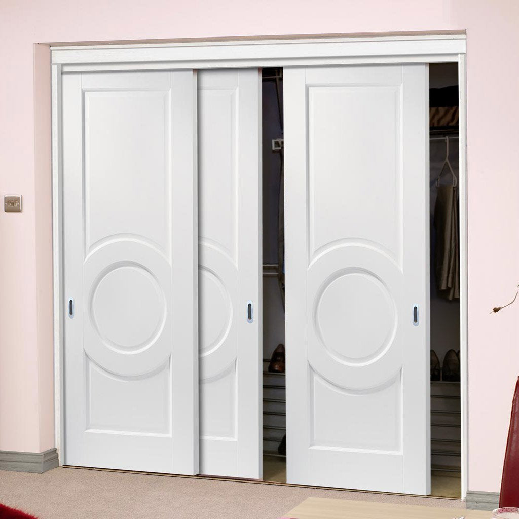 Three Sliding Wardrobe Doors & Frame Kit - Montpellier 3 Panel Door - White Primed