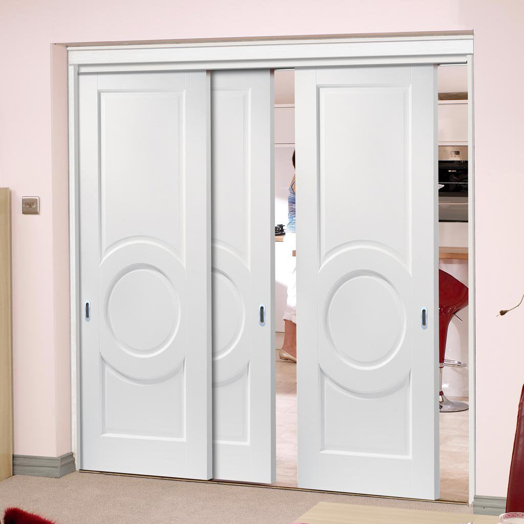 Three Sliding Doors and Frame Kit - Montpellier 3 Panel Door - White Primed