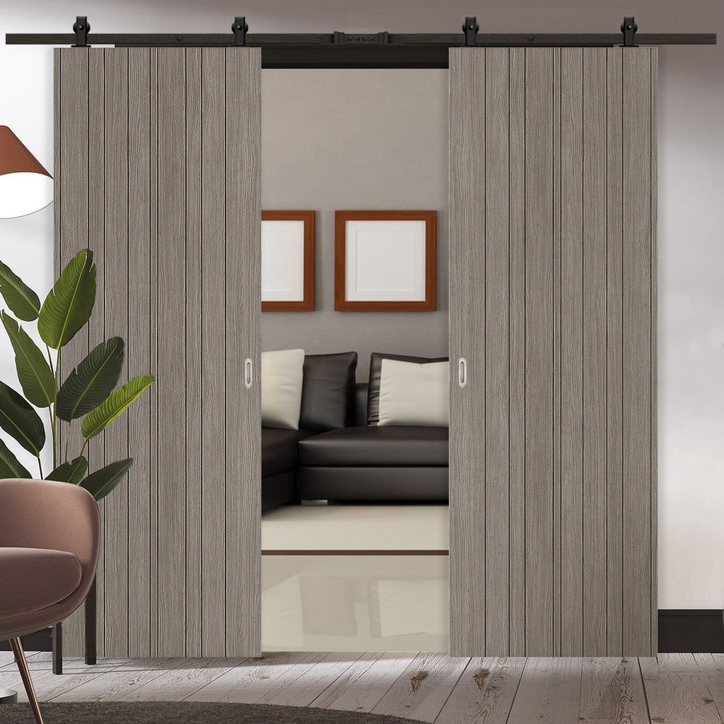 Top Mounted Black Sliding Track & Double Door - Laminate Montreal Light Grey Doors - Prefinished