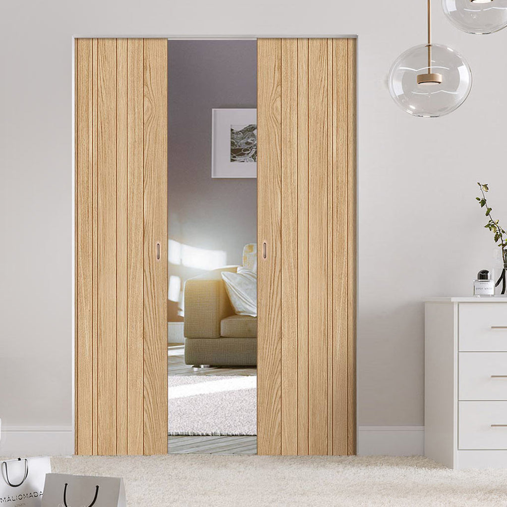 Montreal Oak Flush Internal Absolute Evokit Double Pocket Door - Prefinished