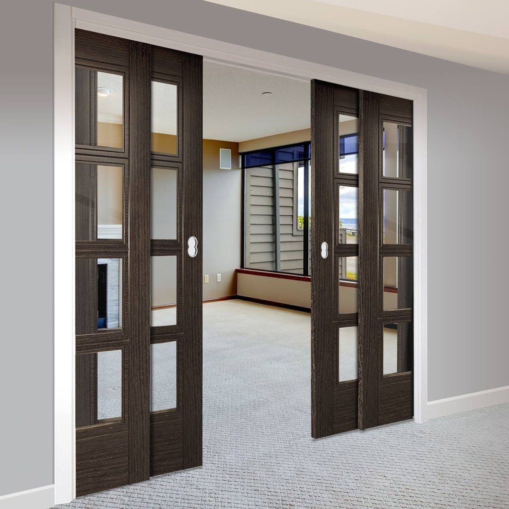 Montreal Dark Grey Ash Staffetta Quad Telescopic Pocket Doors - Clear Glass - Prefinished