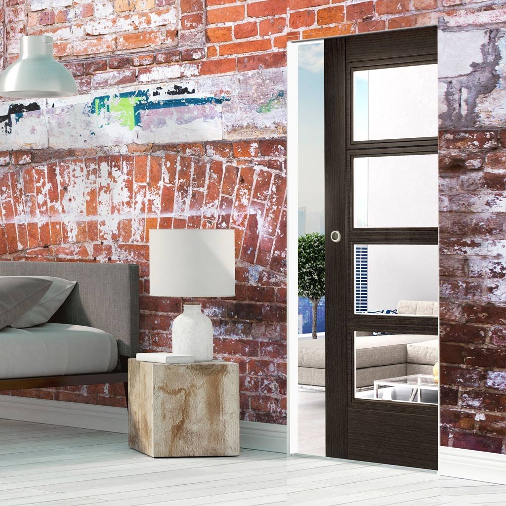 Montreal Dark Grey Ash Absolute Evokit Single Pocket Door - Clear Glass - Prefinished
