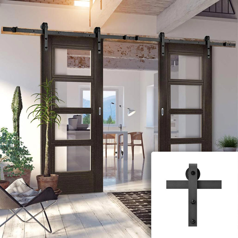 Double Sliding Door & Black Barn Track - Montreal Dark Grey Ash Door - Clear Safety Glass - Prefinished