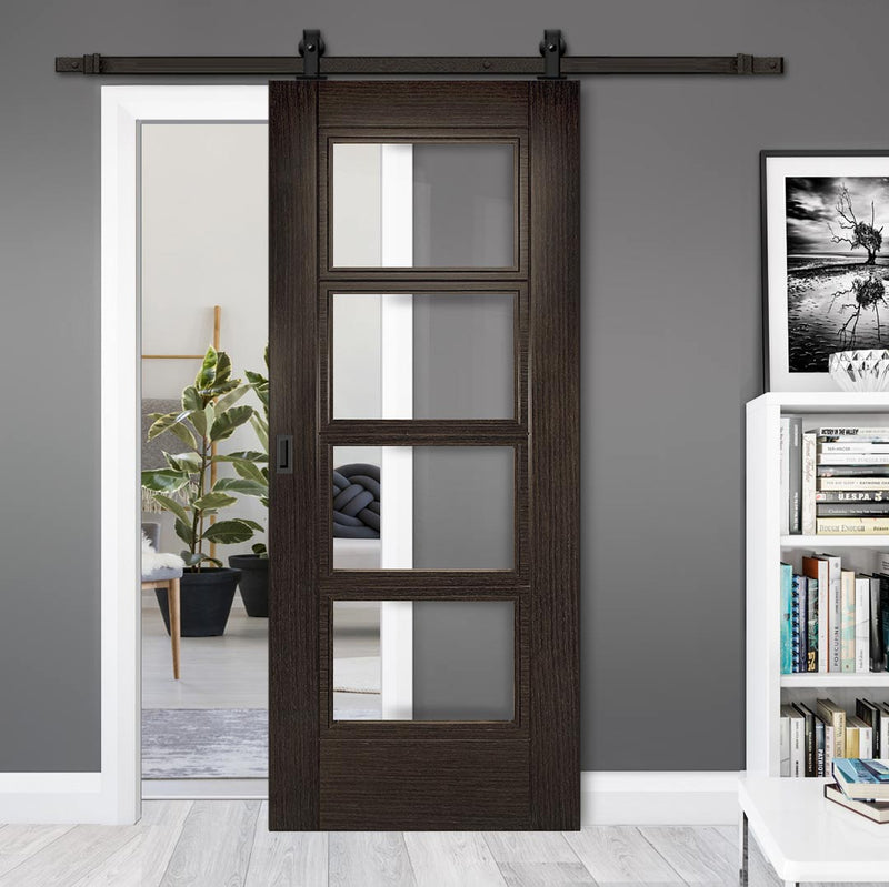 Top Mounted Black Sliding Track & Door - Montreal Prefinished Dark Grey Ash Door - Clear Glass