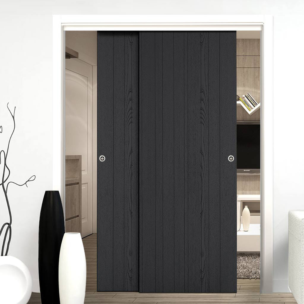 Pass-Easi Two Sliding Doors and Frame Kit - Laminate Montreal Black Door - Prefinished