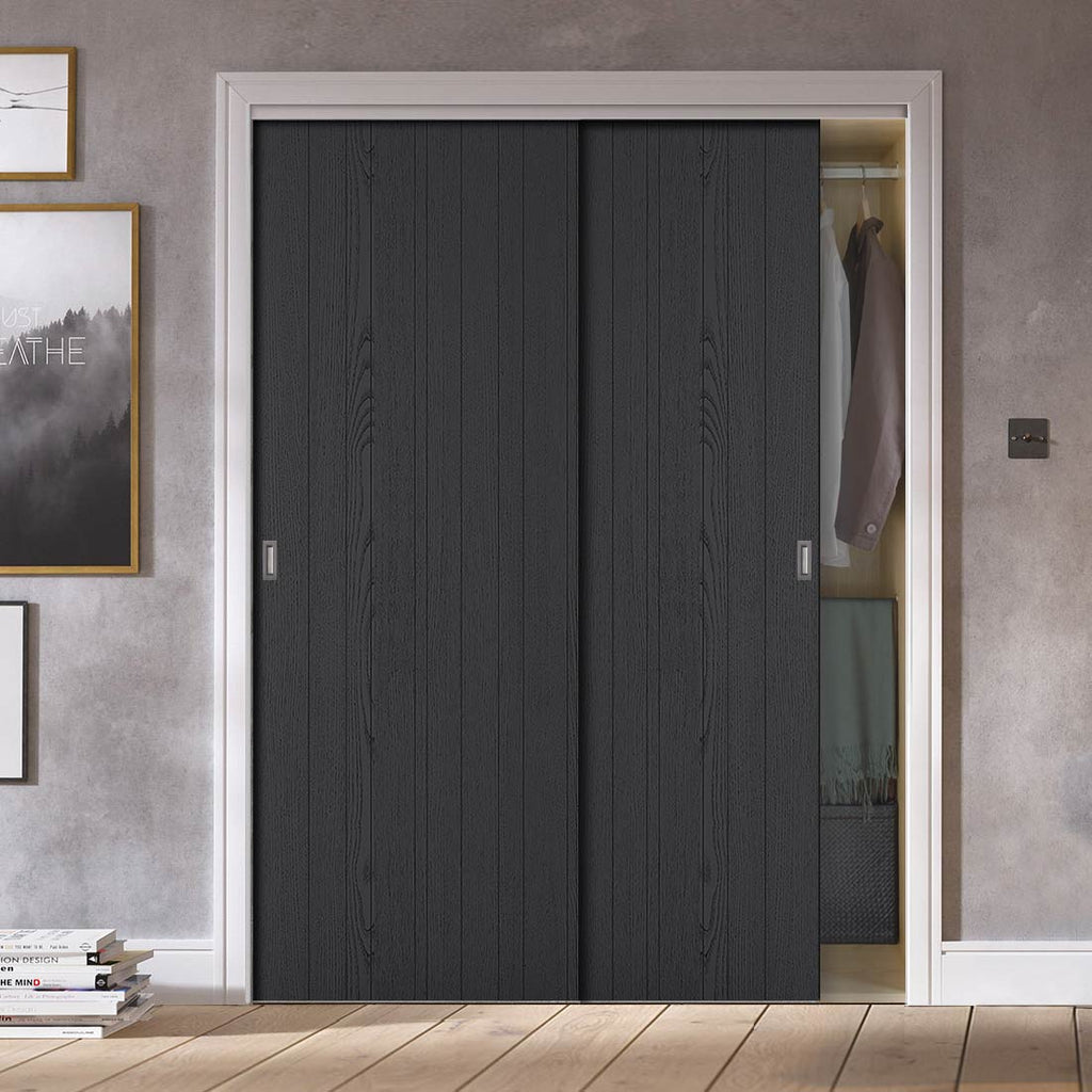 Minimalist Wardrobe Door & Frame Kit - Two Laminate Montreal Black Door - Prefinished