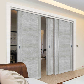 Image: Pass-Easi Three Sliding Doors and Frame Kit - Montreal Prefinished Light Grey Ash Door