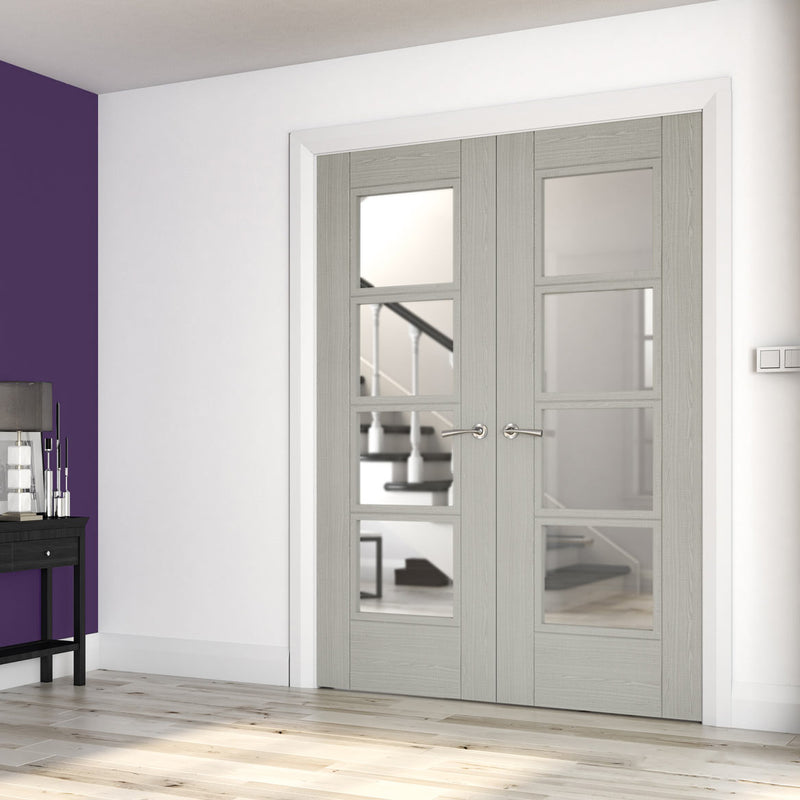 Montreal Light Grey Ash Internal Door Pair - Clear Glass - Prefinished