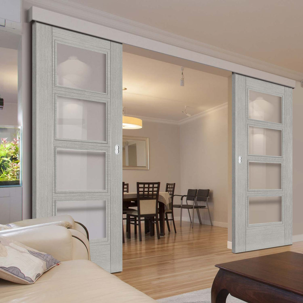 Double Sliding Door & Wall Track - Montreal Prefinished Light Grey Ash Door - Clear Glass
