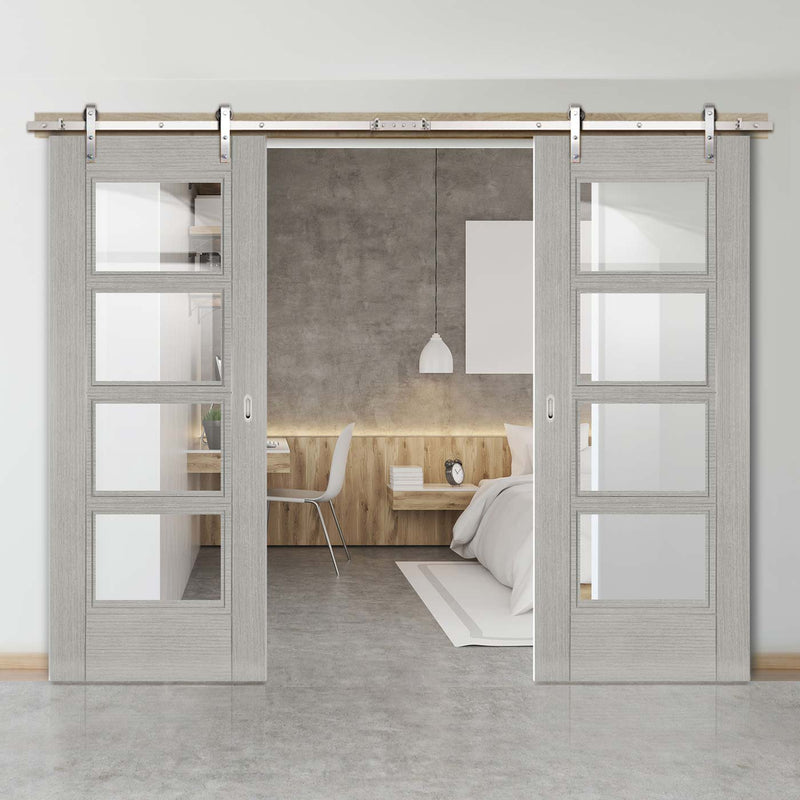 Double Sliding Door & Stainless Barn Steel Track - Montreal Prefinished Light Grey Ash Door - Clear Glass