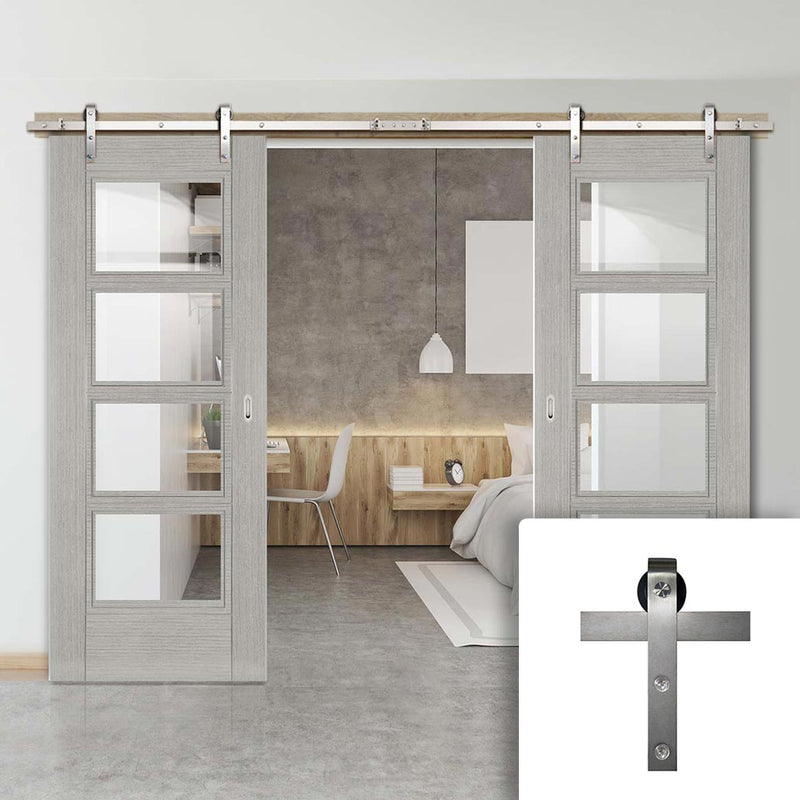 Double Sliding Door & Stainless Barn Steel Track - Montreal Prefinished Light Grey Ash Door - Clear Glass
