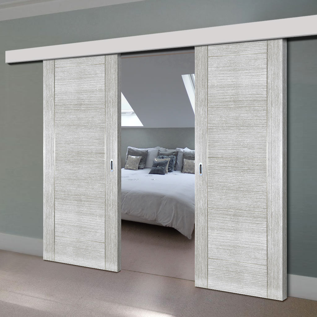 Double Sliding Door & Wall Track - Montreal Prefinished Light Grey Ash Door