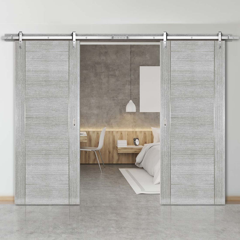 Double Sliding Door & Stainless Barn Steel Track - Montreal Prefinished Light Grey Ash Door