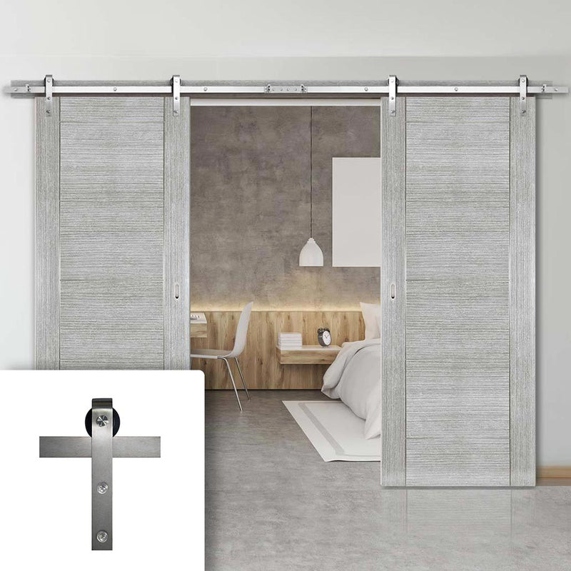 Double Sliding Door & Stainless Barn Steel Track - Montreal Prefinished Light Grey Ash Door