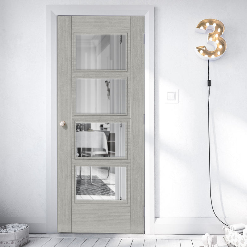 Montreal Light Grey Ash Fire Internal Door - Clear Glass - 1/2 Hour Fire Rated - Prefinished