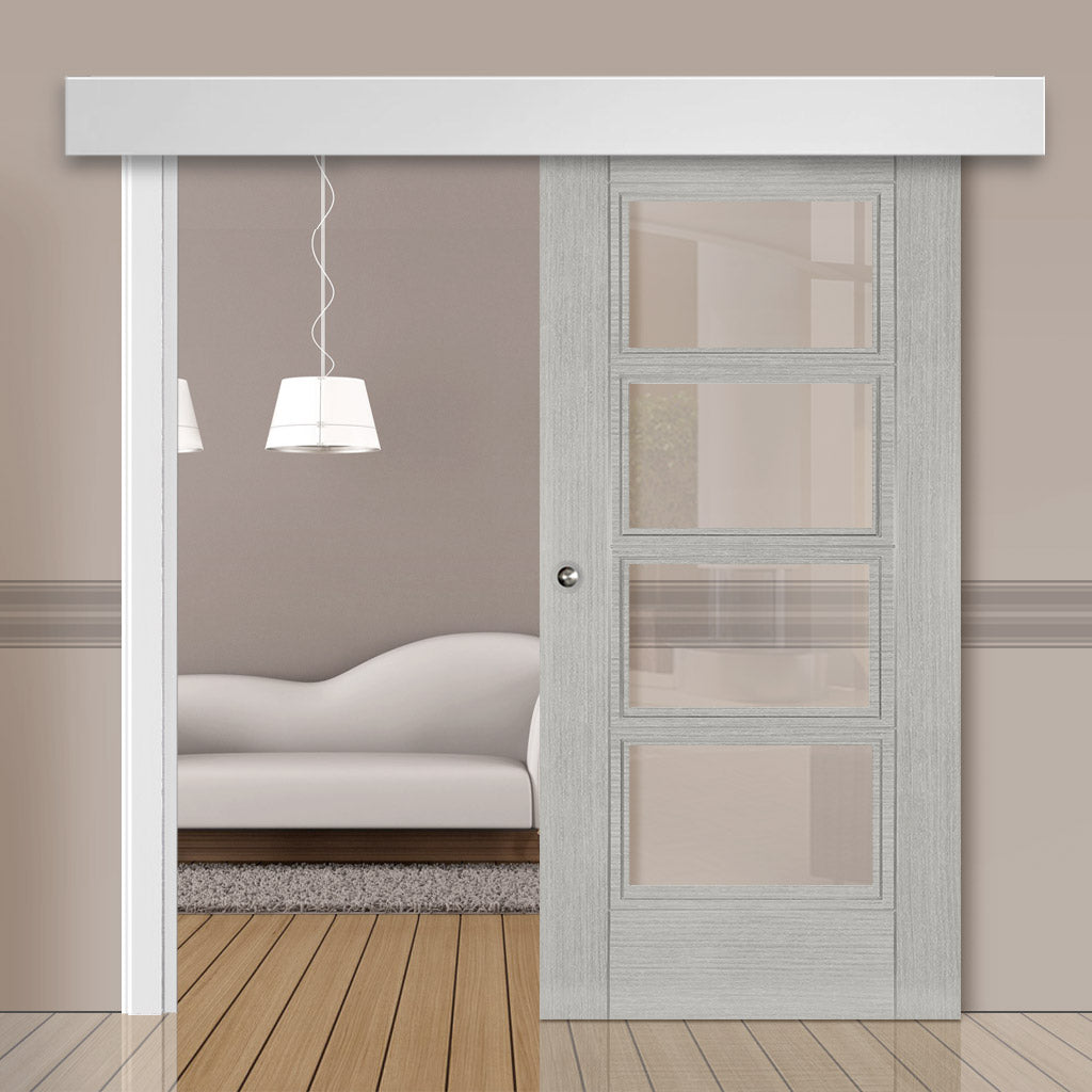 Single Sliding Door & Wall Track - Montreal Prefinished Light Grey Ash Door - Clear Glass