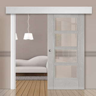 Image: Single Sliding Door & Wall Track - Montreal Prefinished Light Grey Ash Door - Clear Glass