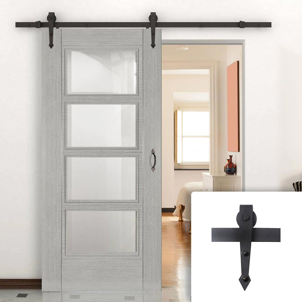 Single Sliding Door & Arrowhead Black Track - Montreal Prefinished Light Grey Ash Door - Clear Glass