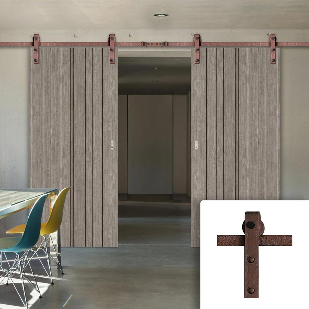 Double Sliding Door & Straight Antique Rust Track - Laminate Montreal Light Grey Door - Prefinished