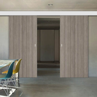 Image: Double Sliding Door & Wall Track - Laminate Montreal Light Grey Door - Prefinished