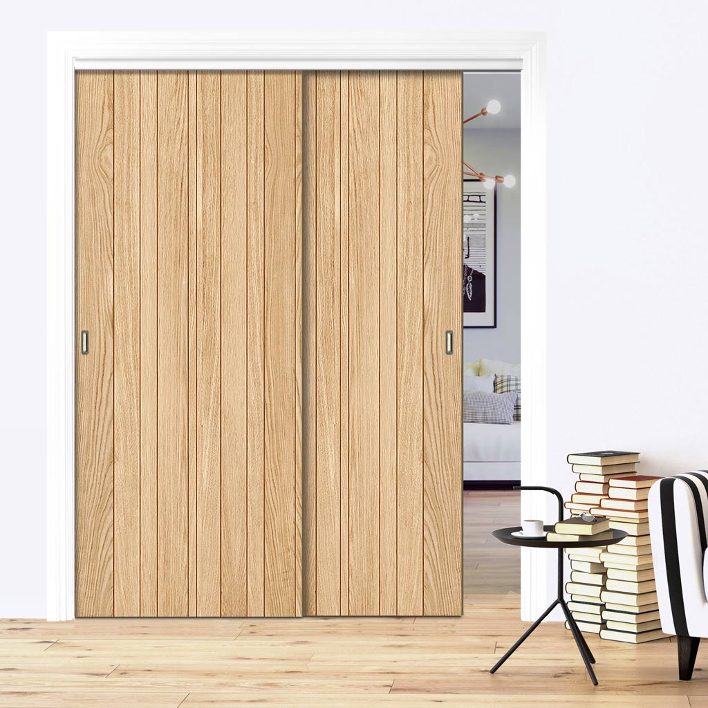 Minimalist Wardrobe Door & Frame Kit - Two Montreal Oak Flush Internal Door - Prefinished