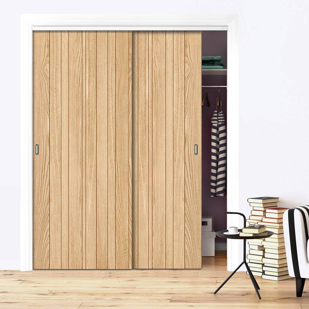 Two Sliding Maximal Wardrobe Doors & Frame Kit - Montreal Oak Flush Internal Door - Prefinished