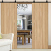 Top Mounted Black Sliding Track & Double Door - Montreal Oak Flush Internal Doors - Prefinished