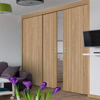 Image: Pass-Easi Three Sliding Doors and Frame Kit - Montreal Oak Flush Internal Door - Prefinished