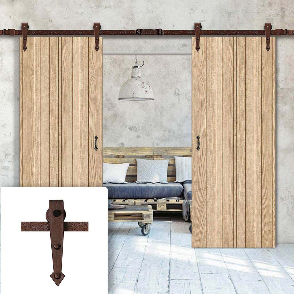 Double Sliding Door & Arrowhead Antique Rust Track - Montreal Oak Flush Internal Door - Prefinished