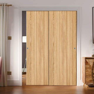 Image: Pass-Easi Two Sliding Doors and Frame Kit - Montreal Oak Flush Internal Door - Prefinished