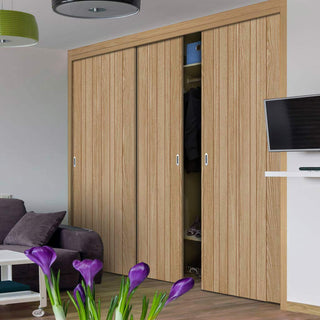 Image: Three Sliding Maximal Wardrobe Doors & Frame Kit - Montreal Oak Flush Internal Door - Prefinished