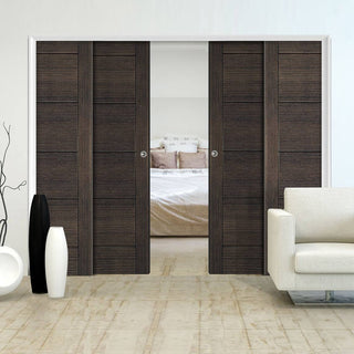 Image: Montreal Dark Grey Ash Staffetta Quad Telescopic Pocket Doors - Prefinished