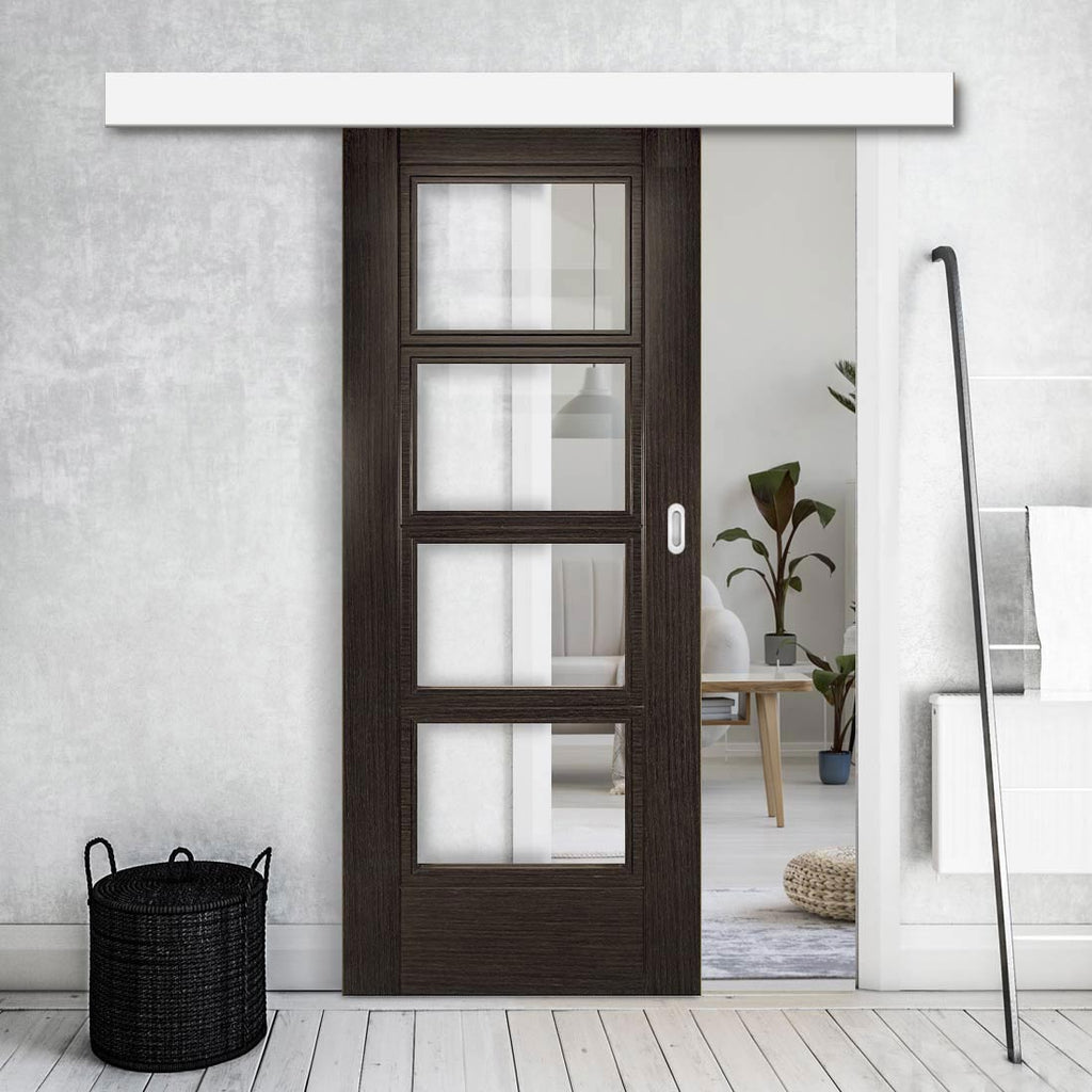 Single Sliding Door & Wall Track - Montreal Prefinished Dark Grey Ash Door - Clear Glass