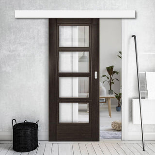 Image: Single Sliding Door & Wall Track - Montreal Prefinished Dark Grey Ash Door - Clear Glass