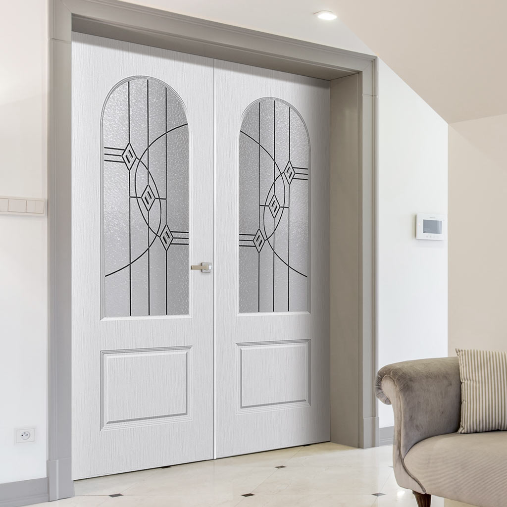 Arched Top Lightly Grained Internal PVC Door Pair - Montrose Fusion 3 Bevel Style Glass