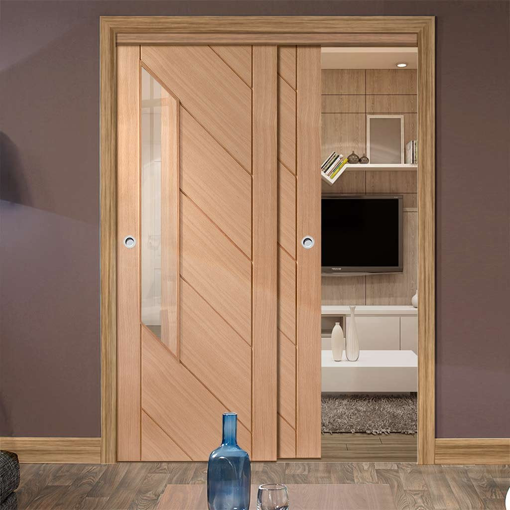 Bespoke Thruslide Monza Oak Glazed - 2 Sliding Doors and Frame Kit