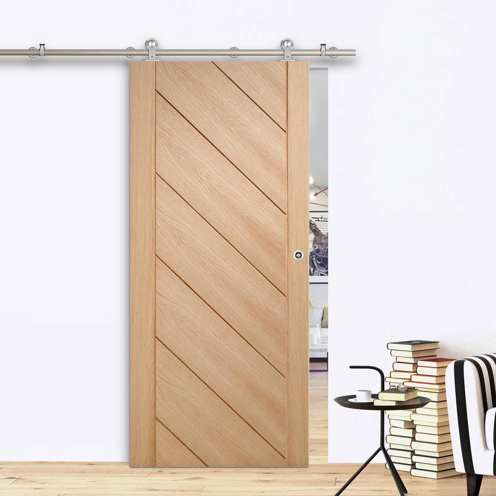Sirius Tubular Stainless Steel Sliding Track & Monza Oak Door - Unfinished