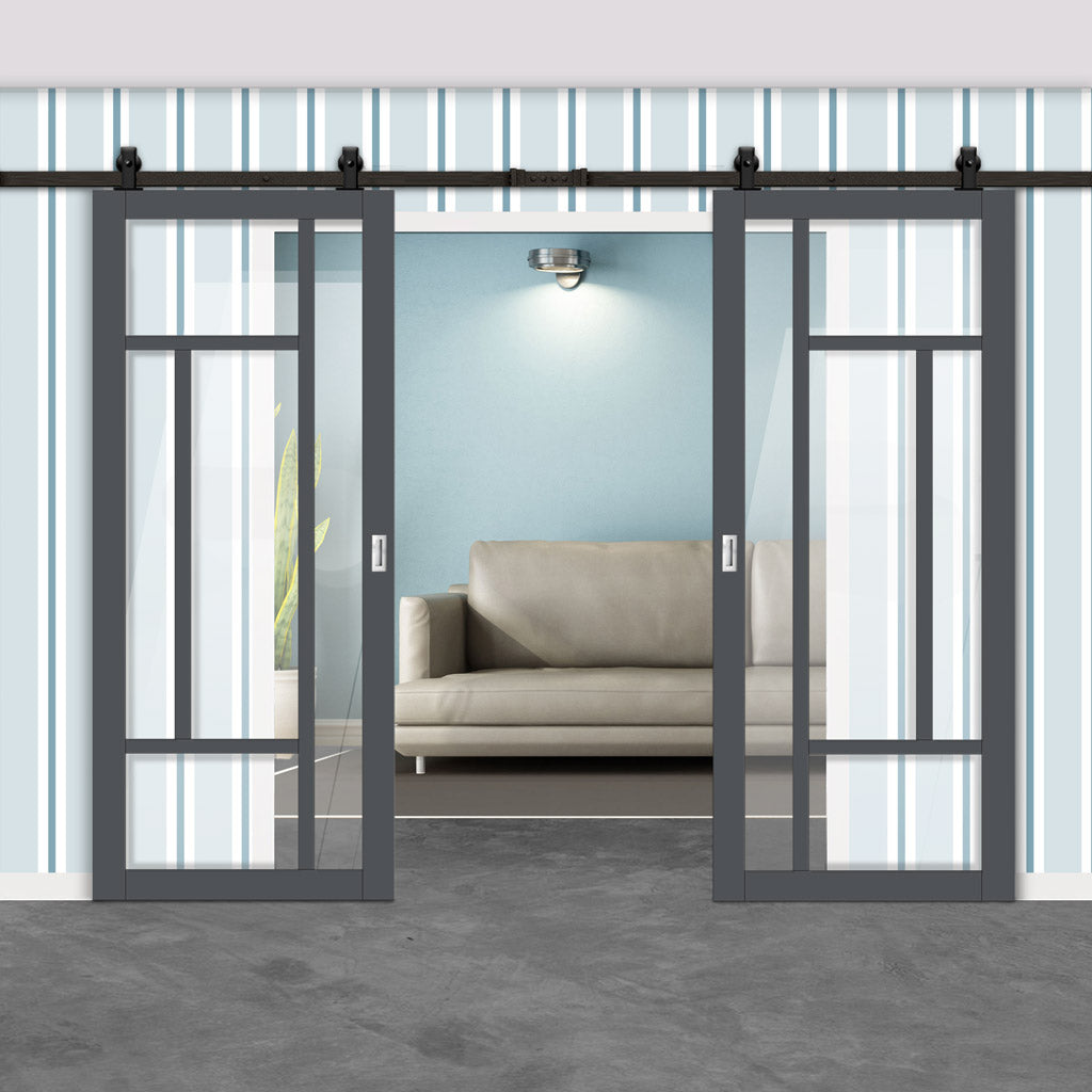 Top Mounted Black Sliding Track & Solid Wood Double Doors - Eco-Urban® Morningside 5 Pane Doors DD6437G Clear Glass - Stormy Grey Premium Primed