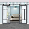 Top Mounted Black Sliding Track & Solid Wood Double Doors - Eco-Urban® Morningside 5 Pane Doors DD6437G Clear Glass - Stormy Grey Premium Primed
