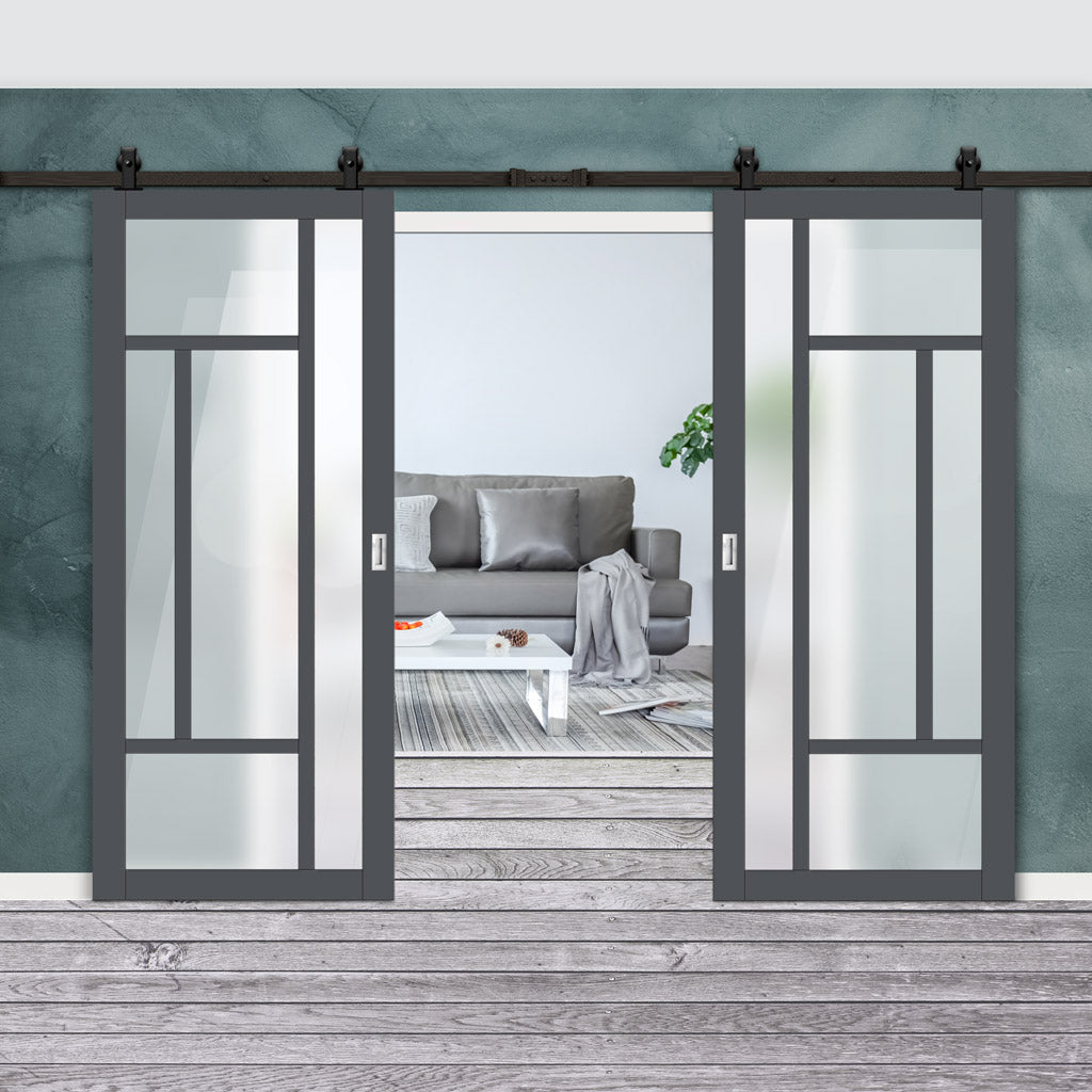Top Mounted Black Sliding Track & Solid Wood Double Doors - Eco-Urban® Morningside 5 Pane Doors DD6437SG Frosted Glass - Stormy Grey Premium Primed