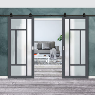 Image: Top Mounted Black Sliding Track & Solid Wood Double Doors - Eco-Urban® Morningside 5 Pane Doors DD6437SG Frosted Glass - Stormy Grey Premium Primed