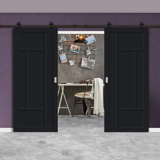 Image: Top Mounted Black Sliding Track & Solid Wood Double Doors - Eco-Urban® Morningside 5 Panel Doors DD6437 - Shadow Black Premium Primed