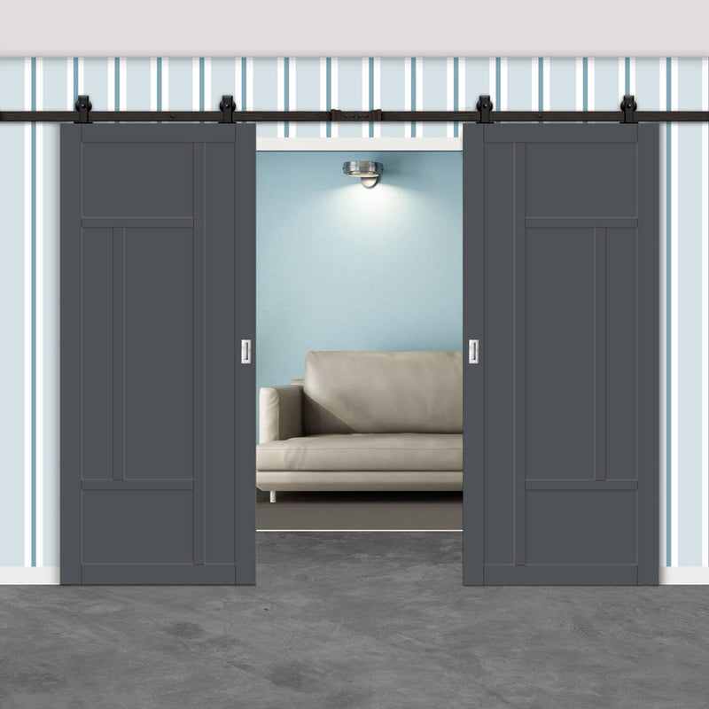 Top Mounted Black Sliding Track & Solid Wood Double Doors - Eco-Urban® Morningside 5 Panel Doors DD6437 - Stormy Grey Premium Primed