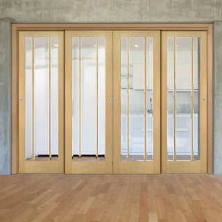 Image: Pass-Easi Four Sliding Doors and Frame Kit - Norwich Real American Oak Veneer Door - Clear Bevelled Glass - Unfinished
