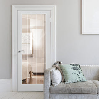 Image: Moulded Textured Vertical 1 Pane Internal Door - Etched Clear Glass - White Primed
