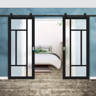 Image: Top Mounted Black Sliding Track & Solid Wood Double Doors - Eco-Urban® Morningside 5 Pane Doors DD6437SG Frosted Glass - Shadow Black Premium Primed