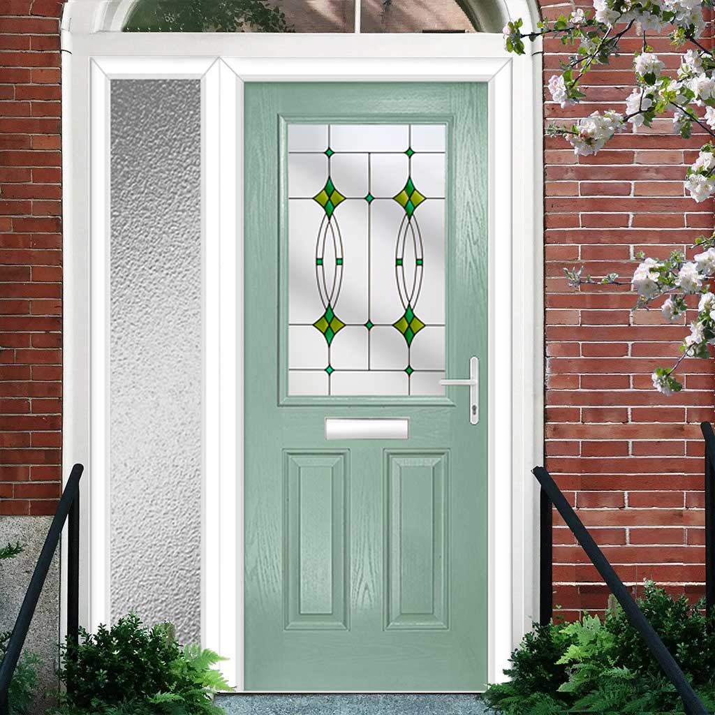 Premium Composite Front Door Set with One Side Screen - Mulsanne 1 Laptev Green Glass - Shown in Chartwell Green